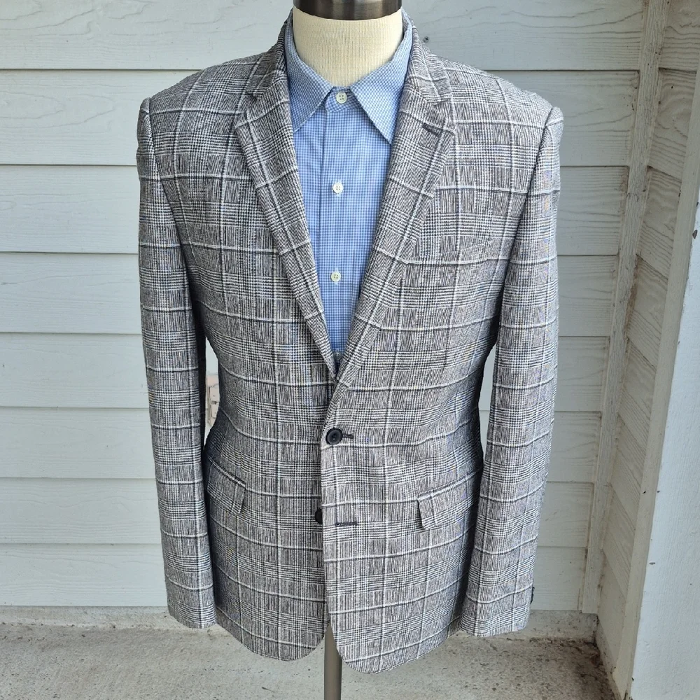 EXPRESS Grey White Plaid Wool Cotton Blend Sz 40 R Extra Slim Mens Sport Coat